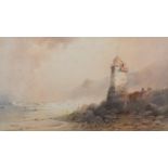 CHARLES HANNAFORD (1863-1955); watercolour, coastal landscape with figures beside a lighthouse,