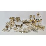 A large quantity of plated items including trays and salvers, claret jug, place mats, teapot,