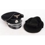 A felt cloth cap bearing German Third Reich emblems, and a further cap with understrap (2).