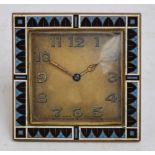 A 1930s Art Deco brass and enamel decorated easel backed travelling clock,