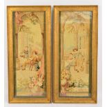A pair of c.1900 woolwork tapestries depicting courtship scenes, 62 x 23,5cm, framed and glazed.