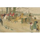 After CECIL ALDIN; a coloured lithograph "The Fallowfield Hunt, Breaking Cover", 36 x 60cm,