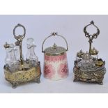 A Victorian electroplated six piece cruet stand with pierced and engine turned decorated sides,