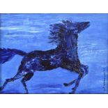 PAT ISHERWOOD; oil on board, study of a horse in blue, signed and dated '77, 19 x 24cm, framed.