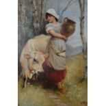 EDWIN DOUGLAS (Scottish 1848-1914); oil on canvas "Sark", study of a milkmaid beside a Jersey cow,
