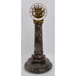 An unusual grey veined marble pillar skeleton clock,