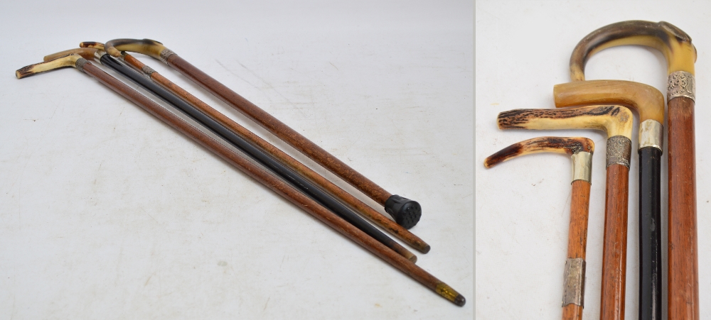 Three early 20th century walking sticks, including two horn handled examples,