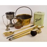 A small group of metalware to include a matched four piece brass companion set, a brass jam pan,