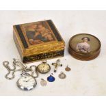 A small collection of items comprising a small French 800 standard silver cased fob watch with