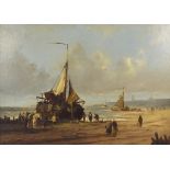 TACO MESDAG (1829-1902); oil on canvas, coastal scene with numerous figures beside moored boats,