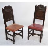 Two late 17th century oak back stools, each with carved top rail above panel back,