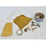 A small quantity of costume jewellery including a yellow metal mourning stick pin with plaited hair,