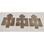 Three early 20th century Russian Orthodox white metal cast triple cross plaques depicting scenes of