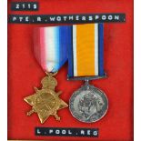 A pair of WWI medals awarded to 2115 Pte. R.Wotherspoon. L.pool. Leg., mounted and framed.