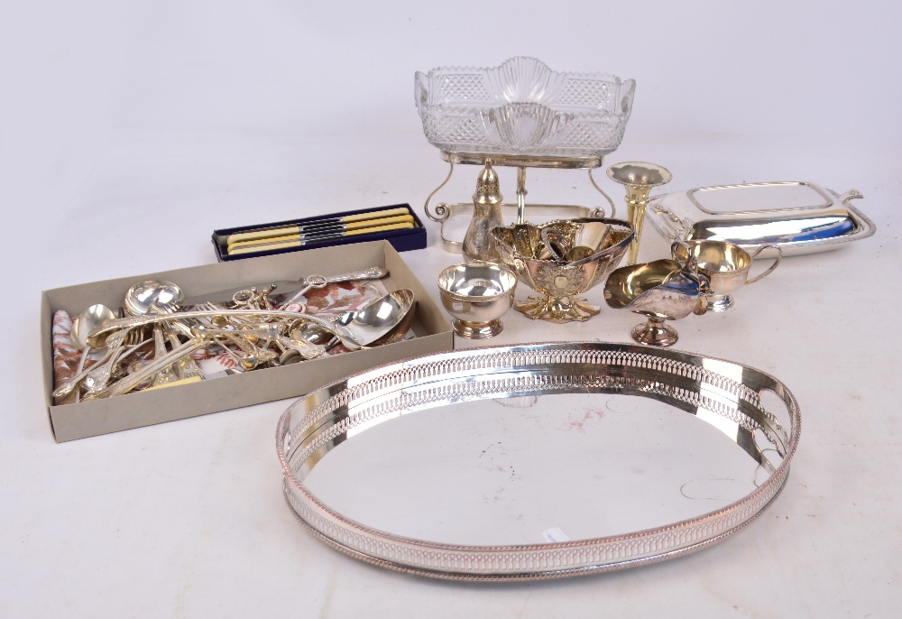 A quantity of various electroplated items to include a jardiniere on scrolled stand with clear cut