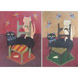 NICOLA WARD-TONKINSON; acrylic on board, two cats on chair, 75 x 47cm,