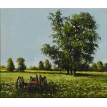 LARRY RUSHTON; oil on canvas, rural landscape with cart frame in the foreground, signed,