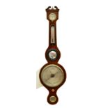 An early 19th century mahogany and boxwood strung five dial wheel barometer, unnamed, length 95cm.