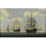 UNATTRIBUTED; oil on panel, marine scape with masted gun ships in the foreground,