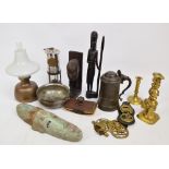 A group of metalware including a mid 19th century rowing related pewter tankard,