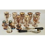 A set of eight electroplated twin handled prawn cocktail servers with liners with 6 spare liners,