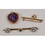 A large yellow metal mounted and heart shaped faceted amethyst pendant with seed cultured pearl set