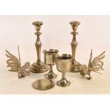 A small quantity of plated items comprising a pair of fighting cockerels, a pair of goblets,