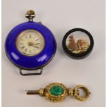 A late 19th century open face lady's crown wind fob watch with overall blue guilloche enamel