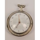 An early 19th century hallmarked silver pair cased open face key wind pocket watch,