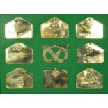 A collection of nine military brass bed plates including Irish Guards, Scots Guards,