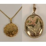 A 9ct yellow gold circular locket with fluted edges and bright cut decoration suspended on a 9ct