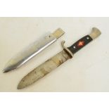 A WWII Hitler Youth dagger with Schneidteufel Solingen blade and scabbard, length 25.