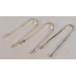 Three pairs of George III hallmarked silver sugar tongs, two with bright cut decoration,