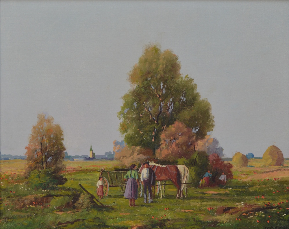 UNATTRIBUTED; oil on canvas, rural landscape with figures beside a cart in the foreground,