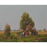 UNATTRIBUTED; oil on canvas, rural landscape with figures beside a cart in the foreground,