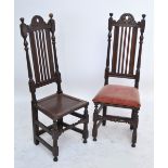 A pair of early 18th century oak high back side chairs,