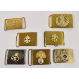 Seven belt buckle plates, including one inscribed "Cameron",