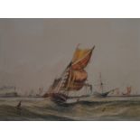 WILLIAM CALCOTT KNELL; a watercolour depicting sailing vessels on stormy waters,