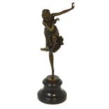 An Art Deco style hot cast bronze of a female dance on a marble plinth, signed D.H.