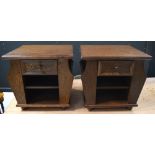 A pair of 20th century oak side tables, with single drawer above open shelves,