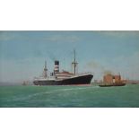 E.W.; an oil on board depicting 'The Harrison Line S.S.