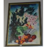 UNATTRIBUTED; a large oil on board, abstract of flowers and fruits, signed indistinctly lower right,