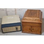 A vintage Fidelity Solid State portable record player and a light oak cased HMV gramophone (2).