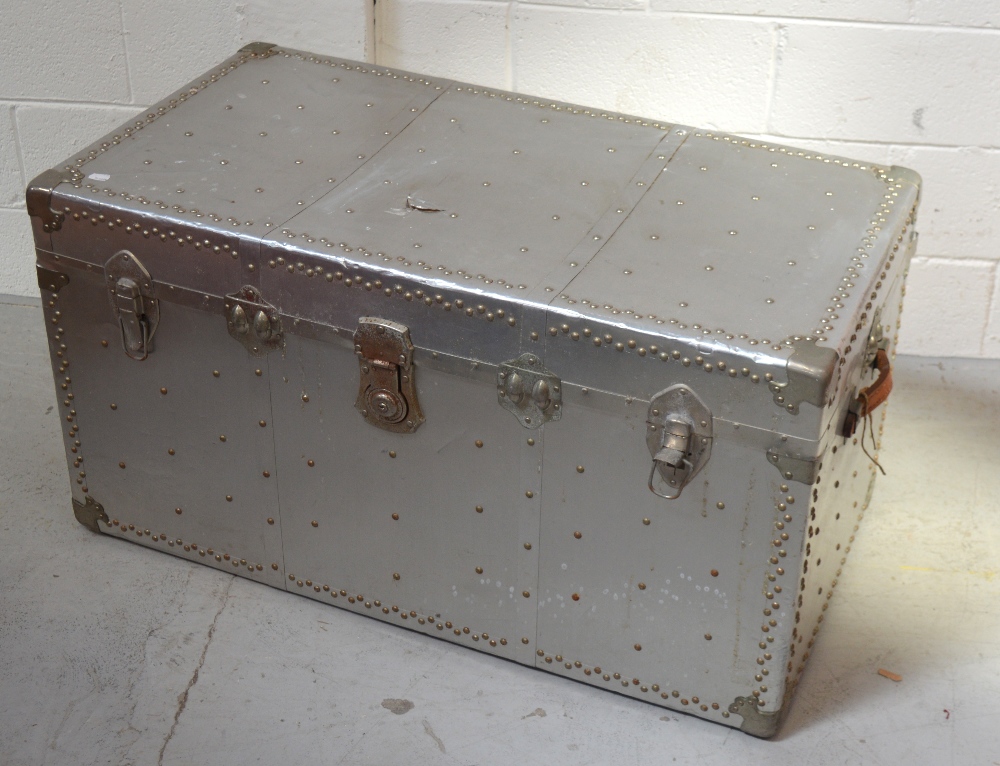 A 20th century silver metal mounted wooden chest with twin leather handles, width 102cm (af).