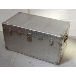 A 20th century silver metal mounted wooden chest with twin leather handles, width 102cm (af).