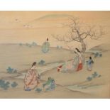 A Japanese watercolour and embroidered fabric painting depicting figures in a river landscape