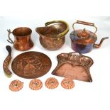 A quantity of copperware to include a kettle, a pan and brush, moulds etc.