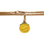 A Victorian old head double sovereign, 1887 on 9ct rose gold Albert chain, approx 66.7g.