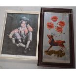 A framed print of a beggar boy and a mirror decorated with deer and flowers.