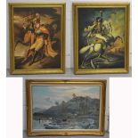 UNATTRIBUTED: three large decorative oils on boards to include a Hussar riding a stallion into